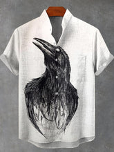 Dark Black and White Crow Vintage Print Cotton Linen Casual Shirt