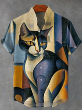 Abstract Cat Art Print Cotton Linen Casual Shirt
