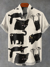 Cute Funny Animals Black Cat Vintage Print Cotton Linen Casual Shirt
