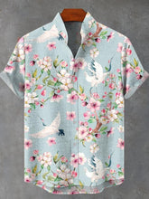 Crane Flower Art Print Cotton Linen Casual Shirt