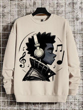 Men's Black Boy With Headphones Music Print Cotton Long Sleeve Thin Sweatshirt
