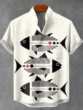 Fish Art Vintage Print Cotton Linen Casual Shirt