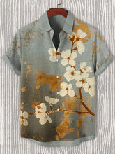 Men's Gold Foil Cherry Blossoms Japanese Art Print Cotton Linen Casual Shirt