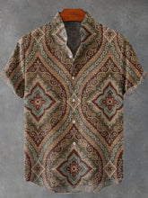 Vintage Dark Brown Ethnic Floral Print Cotton Linen Casual Shirt