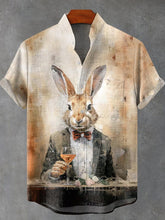 Bunny In The Cafe Abstract Art Vintage Print Cotton Linen Casual Shirt