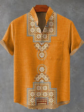 Retro Ethnic Orange Geometric Floral Print Cotton Linen Casual Shirt