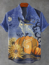 Halloween Transparent Ghost Cat Vintage Print Cotton Linen Casual Shirt