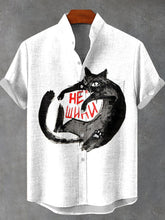 Fun Black Cat Vintage Print Cotton Linen Casual Shirt
