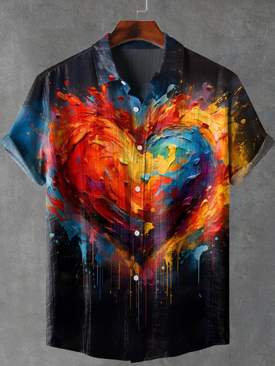3D Art Oil Painting Color Heart Print Lapel Cotton Linen Casual Shirt - Charmedream