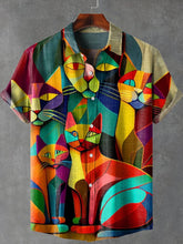 Vintage Abstract Art Cat Print Cotton Linen Shirt