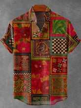 Flower and Plant Pictures Collage Combination Decorative Pattern Cotton Linen Casual Shirt