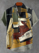 Retro Cubism Beer Music Still Life Pattern Print Casual Cotton Linen Shirt