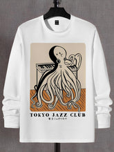 Men's Octopus Tokyo Jazz Club Illustration Print Cotton Long Sleeve T-Shirt Thin Sweatshirt