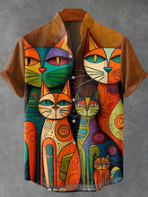 Color Blocking Abstract Cat Vintage Print Cotton Linen Casual Shirt