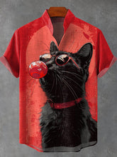 Vintage Fun Black Cat Art Print Casual Cotton Linen Shirt