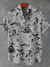 Beauty Demon Vintage Print Cotton Linen Casual Shirt