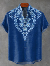 Blue Ethnic Print Vintage Print Cotton Linen Casual Shirt