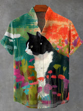 Flowers Plants Cat Art Print Casual Cotton Linen Shirt