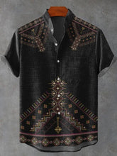 Men's Retro Totem Print Short Sleeve Cotton Linen Casual Shirt
