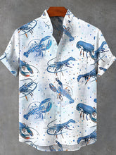 Blue Lobster Art Print Cotton Linen Casual Shirt