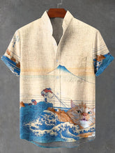 Funny Cat Art Print Cotton Linen Casual Shirt