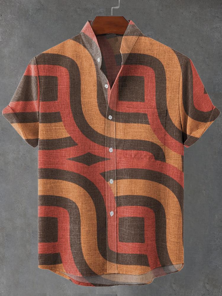 70s Vintage Color Retro Weave Pattern Fabric Print Cotton Linen Casual Shirt