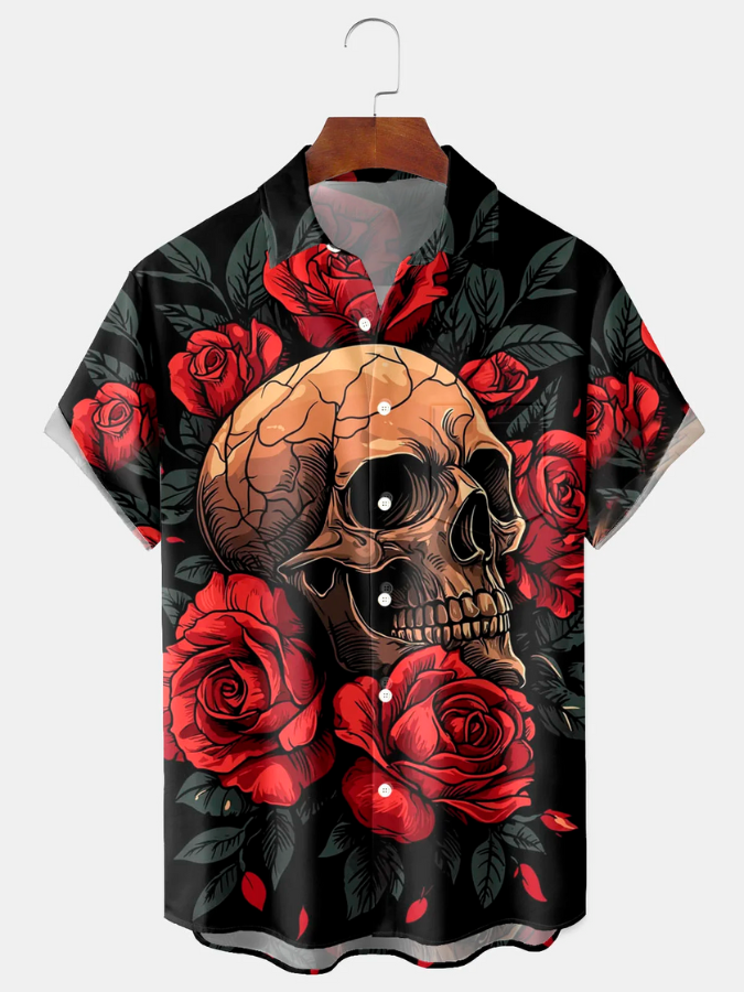 Vintage skull rose Halloween print men's button pocket short sleeve shirt Big & Tall