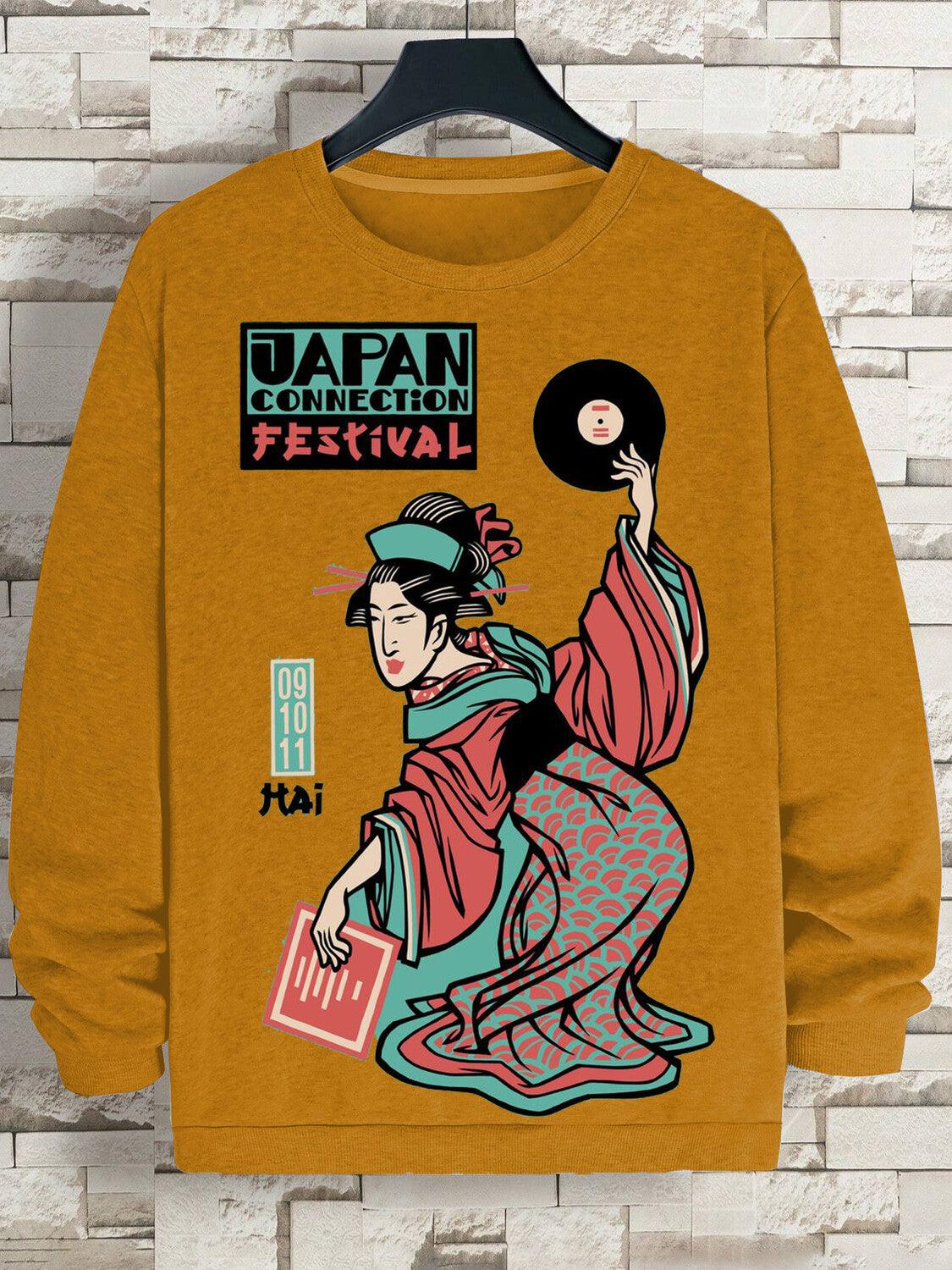 Men's Japan Connection Kimono Girl Vinyl Record Print Cotton Casual Sweatshirt
