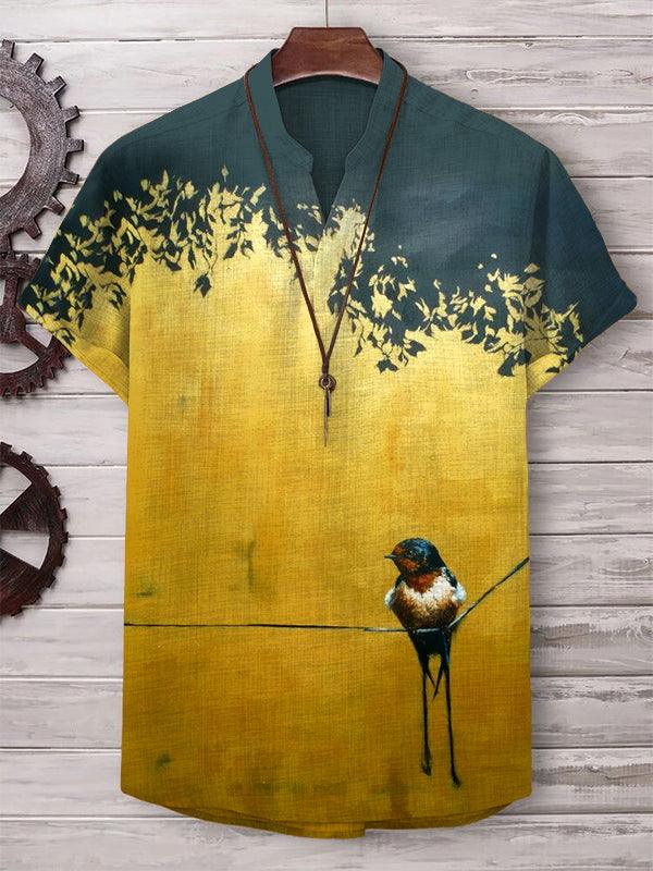 Men's Golden Color Blocking Birds Tree Art Print V Neck T-Shirt