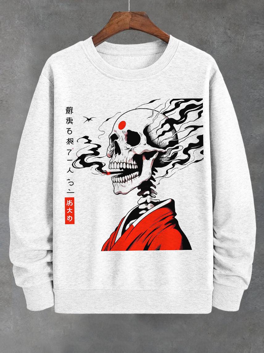 Men's Skull Smoking Japanese Art Print Cotton Casual Sweatshirt
