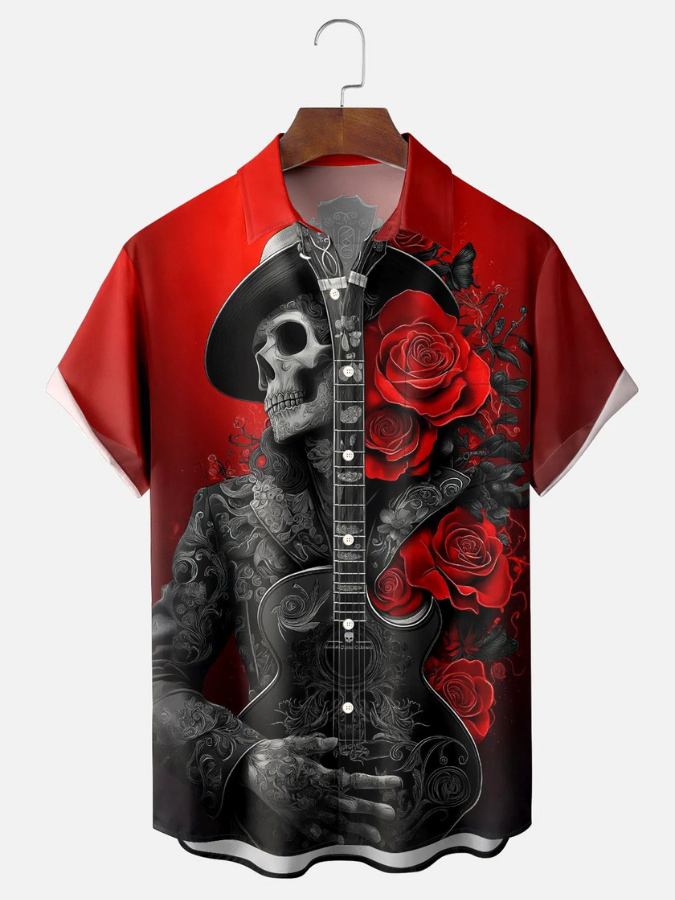 Vintage Skull Guitar Print Men's Button Pocket Short Sleeve Shirt Big & Tall