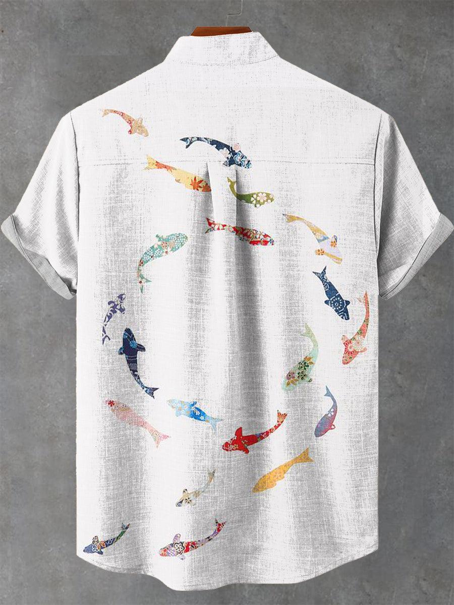 School of Fish Color Art Vintage Print Cotton Linen Casual Shirt