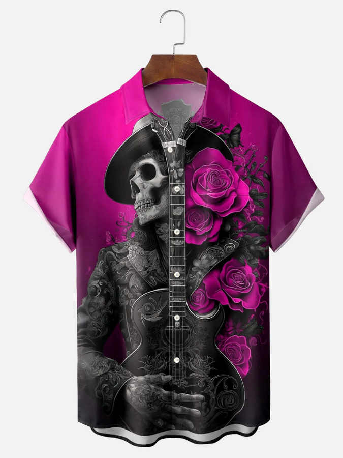 Vintage Skull Guitar Print Men's Button Pocket Short Sleeve Shirt Big & Tall