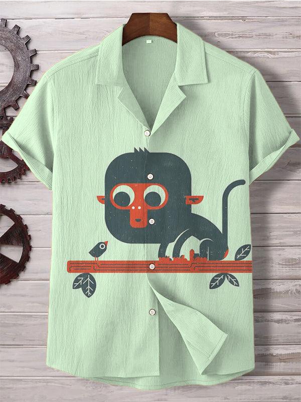 Men's Naughty Monkey And Bird Graphic Print Cotton Linen Casual Shirt