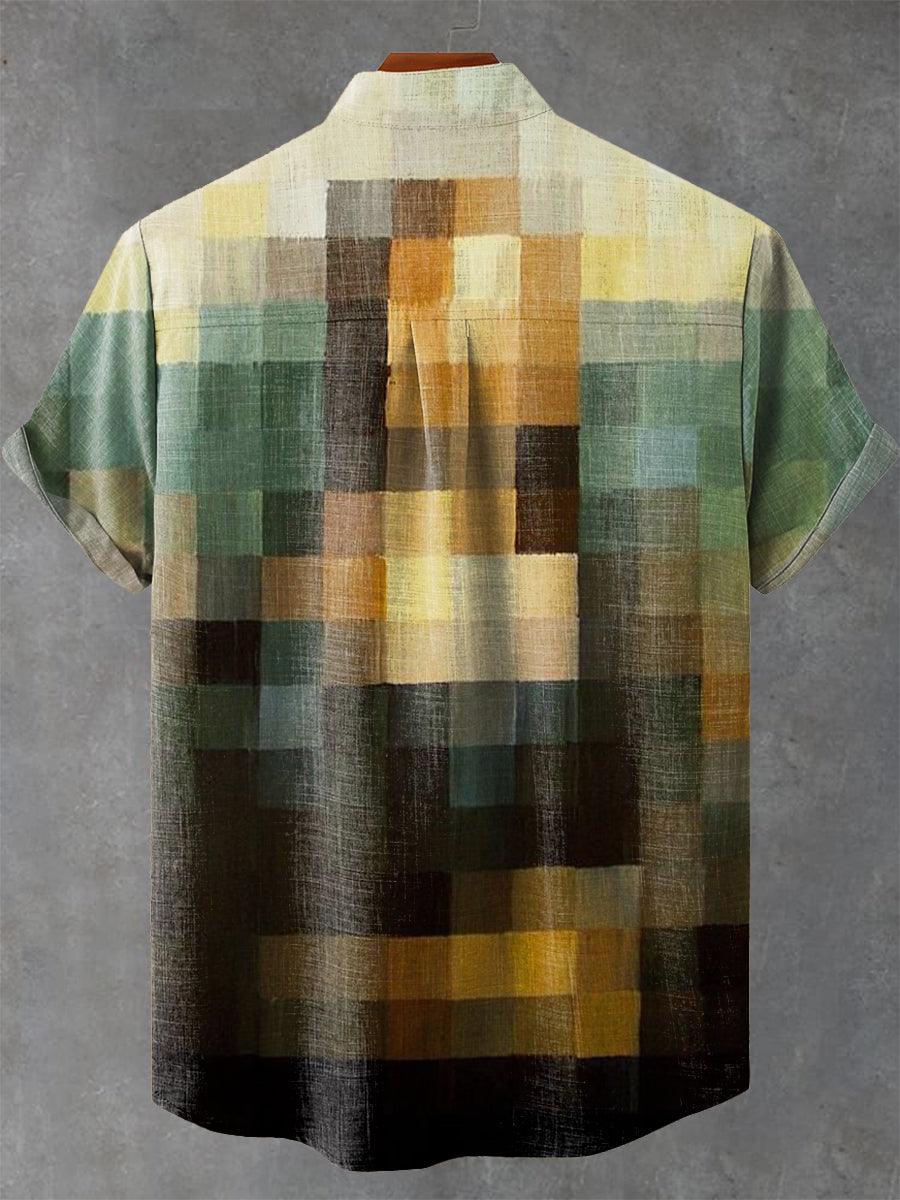 Mona Lisa Mosaic Simple Splicing Color Vintage Print Cotton Linen Casual Shirt