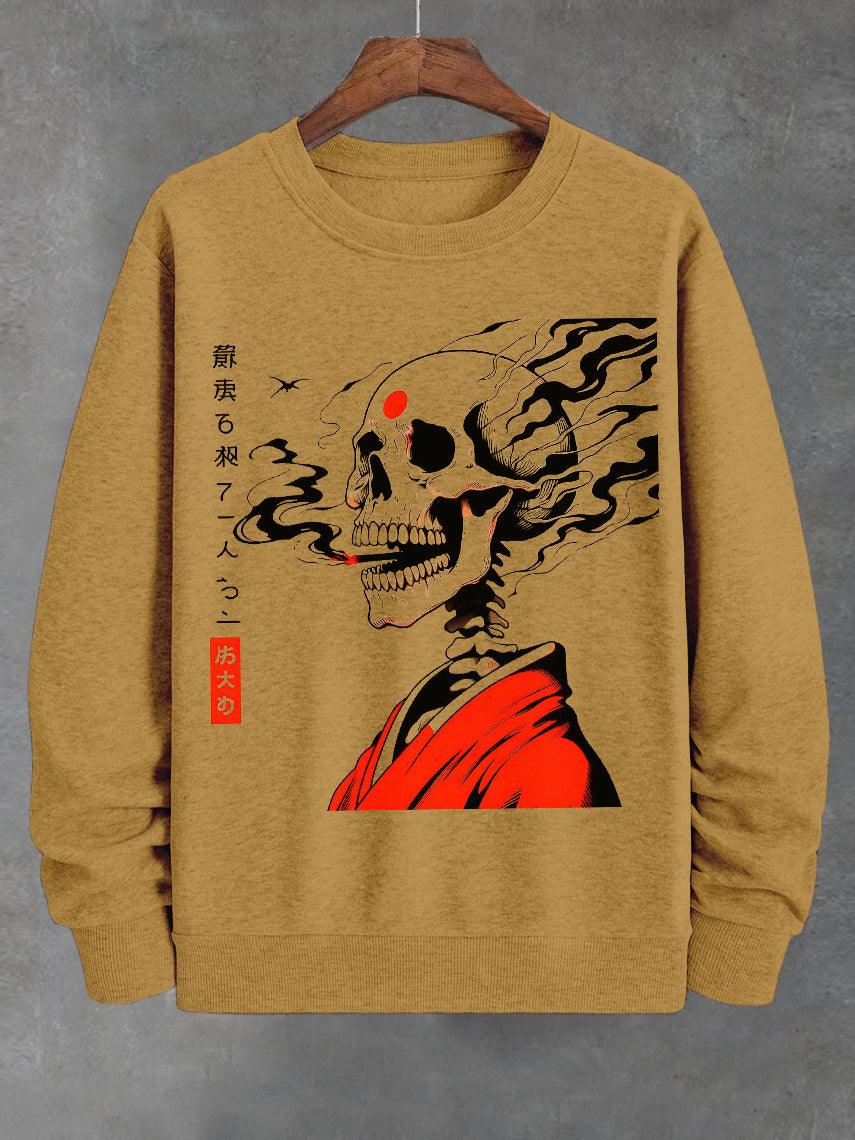 Men's Skull Smoking Japanese Art Print Cotton Casual Sweatshirt