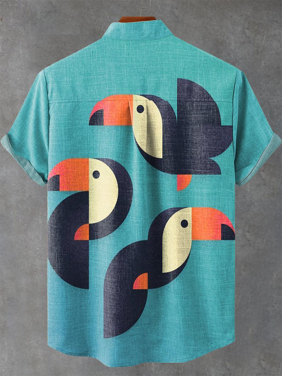Geometric Color Block Combination Toucan Decorative Pattern Cotton Linen Casual Shirt