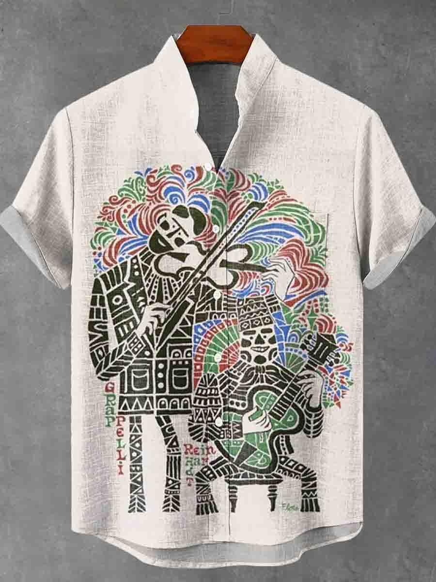 Decorative Pattern of Two Violinists Playing The Violin Composed of Colored Cotton Linen Casual Shirt
