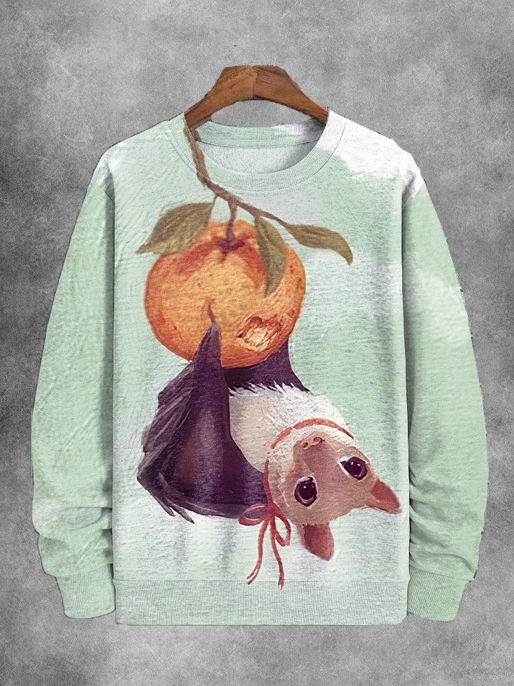 Men's Cute Bat Bites Fruit Fun Illustration Print Casual Sweatshirt