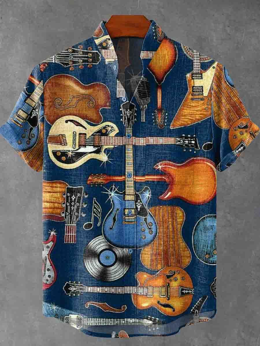 Various Types of Electric Guitars and Musical Notes Decorative Patterns Cotton Linen Casual Shirt
