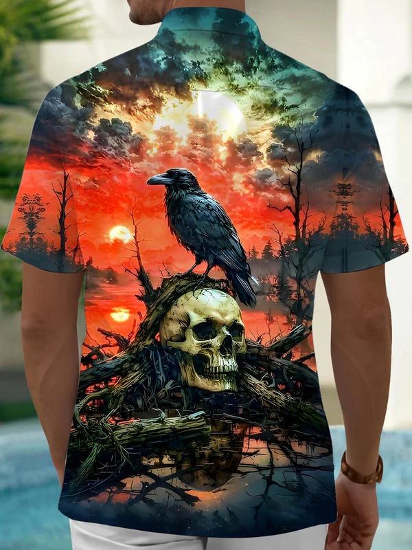 Vintage Skull Crow Halloween Print Men's Button Pocket Short Sleeve Shirt Big & Tall