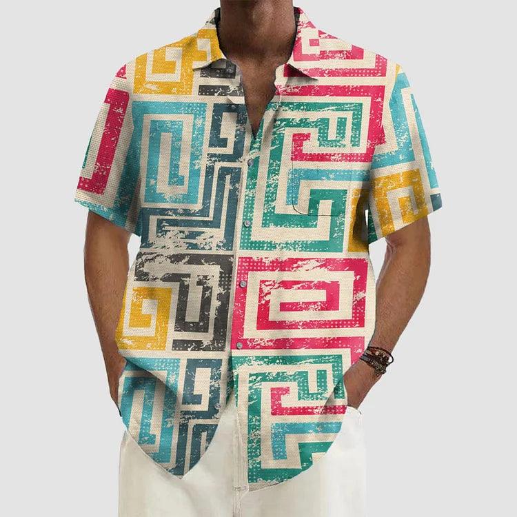 Men's Shirt Colorful Geometry Art Pattern Vacation Oversized Short Sleeve Shirt