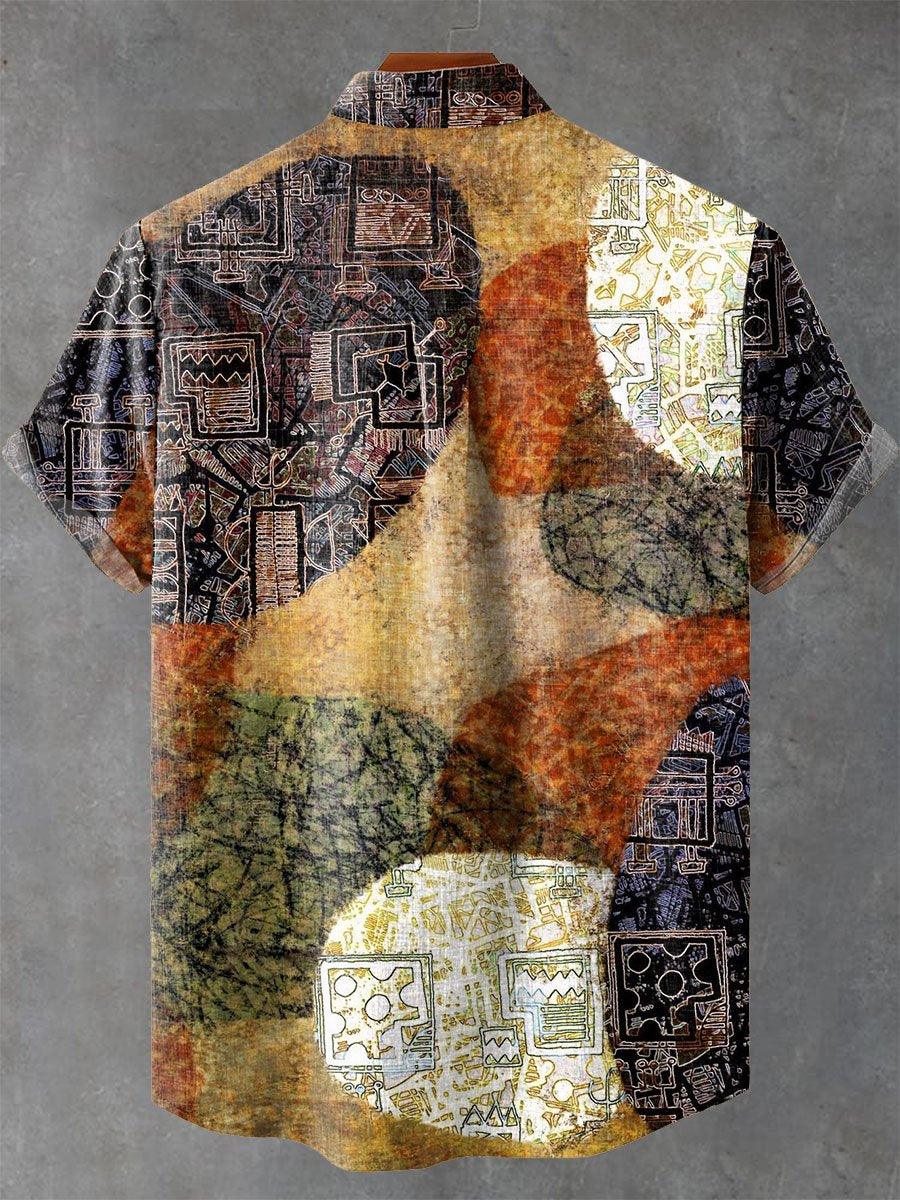 Ethnic Floral and Round Color Block Decorative Patterns Cotton Linen Casual Shirt