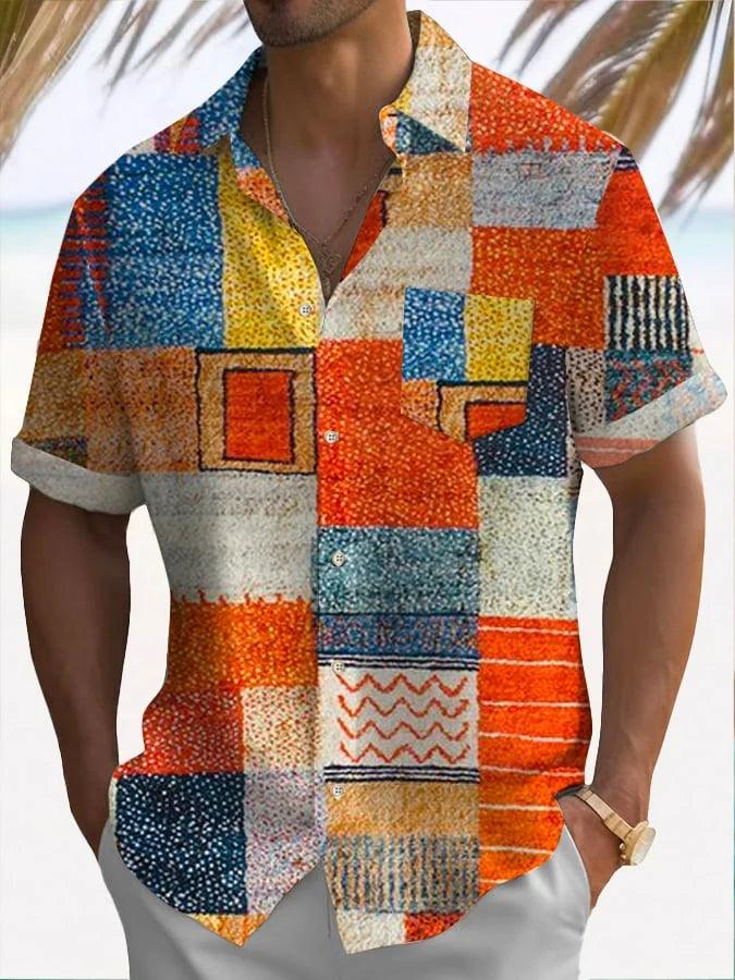 Men's Retro Color Block Resort Style Casual Shirt