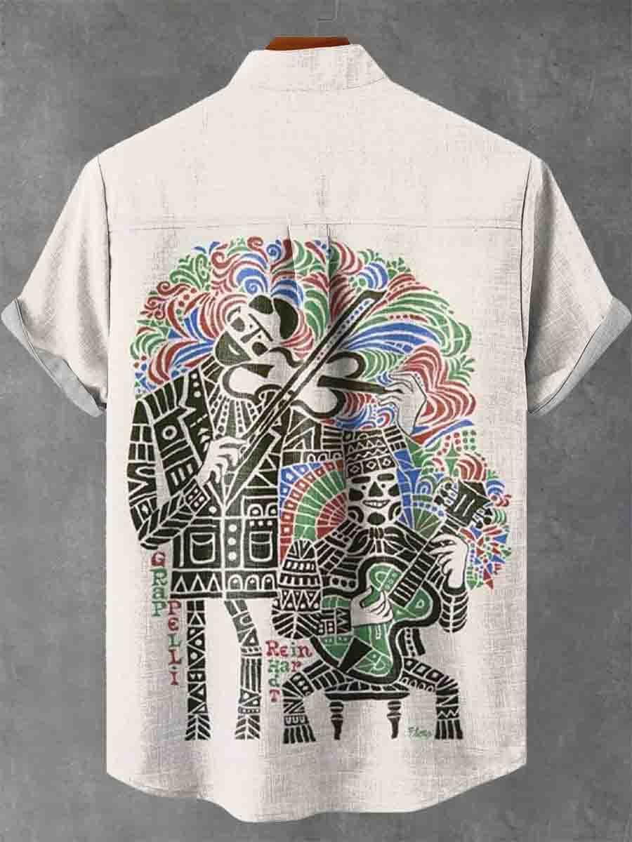 Decorative Pattern of Two Violinists Playing The Violin Composed of Colored Cotton Linen Casual Shirt