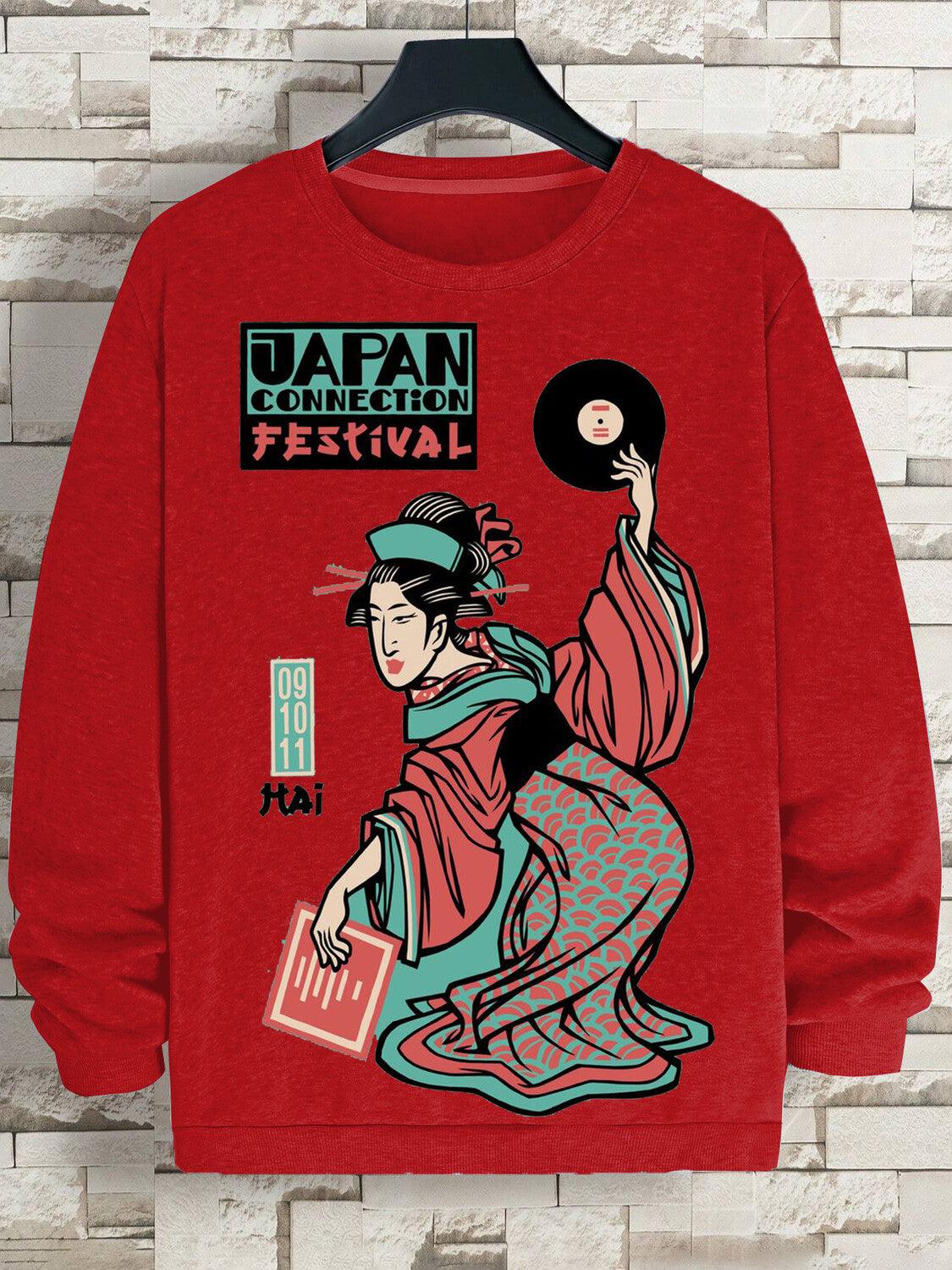 Men's Japan Connection Kimono Girl Vinyl Record Print Cotton Casual Sweatshirt