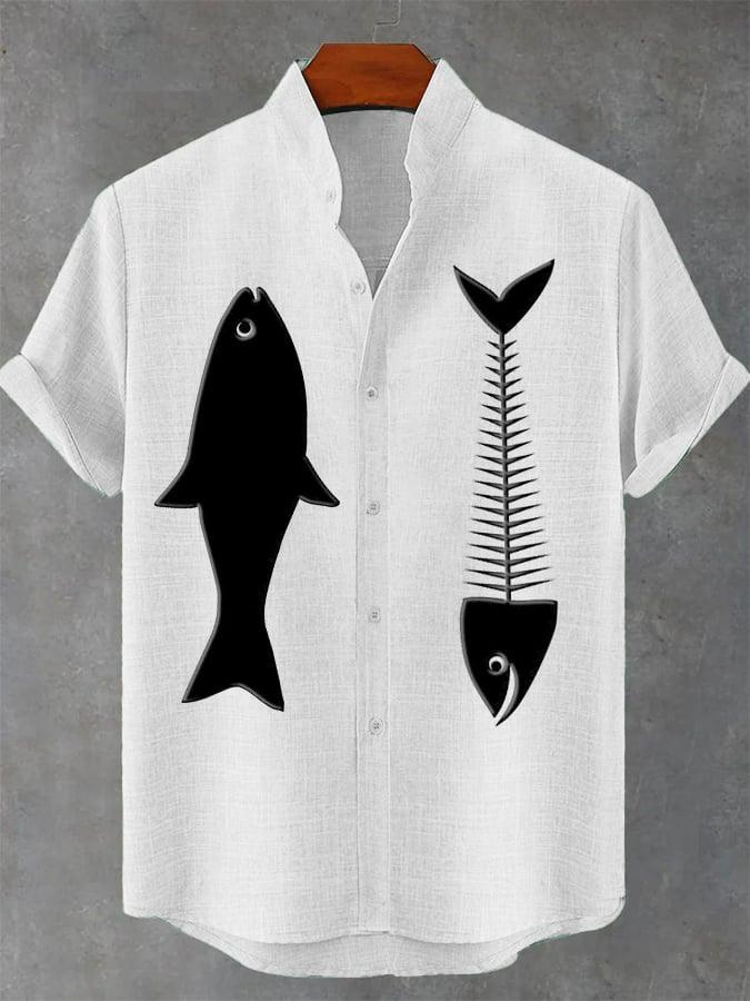 Men's Casual Fish Skull Print Cotton Linen Shirt