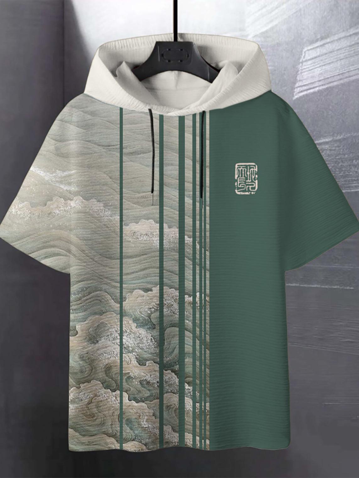 Men's Japanese Art Patchwork Wave Print Hooded T-Shirt