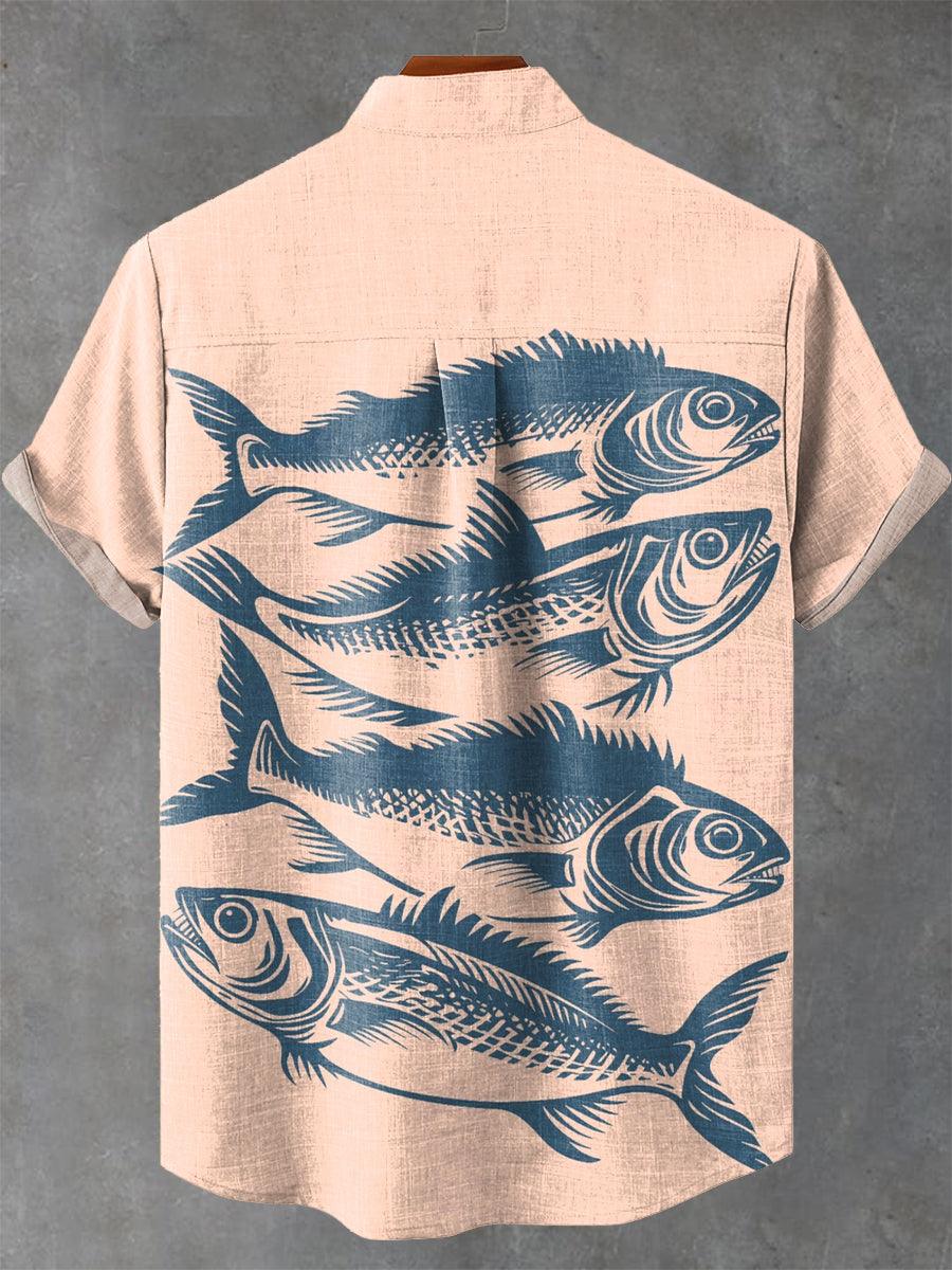 Blue Minimalist Design Fish Vintage Print Cotton Linen Casual Shirt