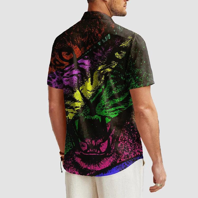 Men's Shirt Colorful Tiger Art Pattern Vacation Oversized Short Sleeve Shirt